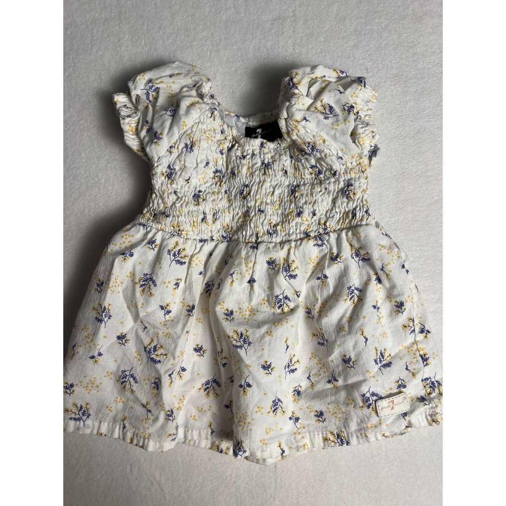 7 For All Mankind Smocked Floral Top Baby Girls 24M White Blue Yellow Ruffle